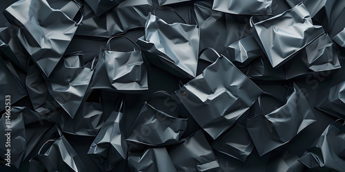 Heavy crumpled black paper texture in low light background 