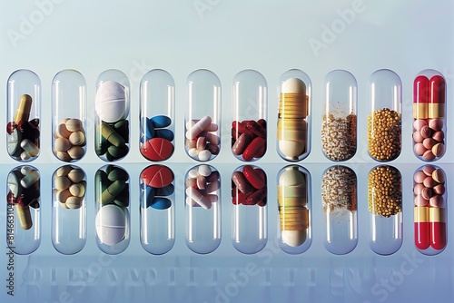 Row of Pills and Capsules on Blue Background. Generative AI