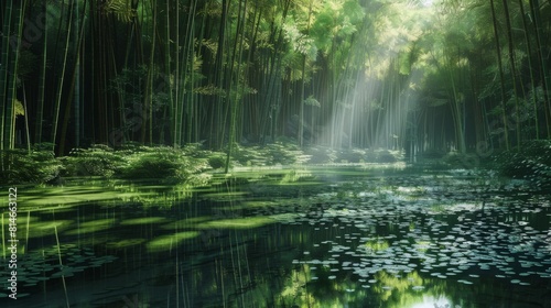 A pond located in the heart of a dense forest  filled with vibrant water lilies floating on the surface of the water.