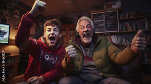 An image capturing an elated family moment as a young boy and older man cheer during a video game  perfect for content about family bonding or generational leisure activities.