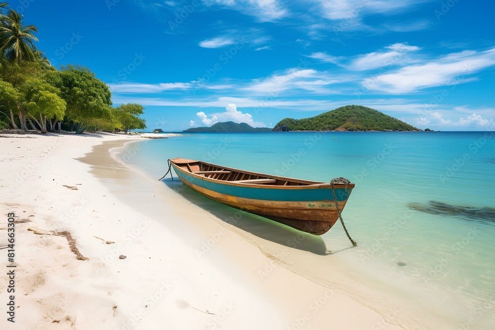 Wooden rowing boat on a tropical beach near blue water. Boat on the exotic shore of the turquoise sea.