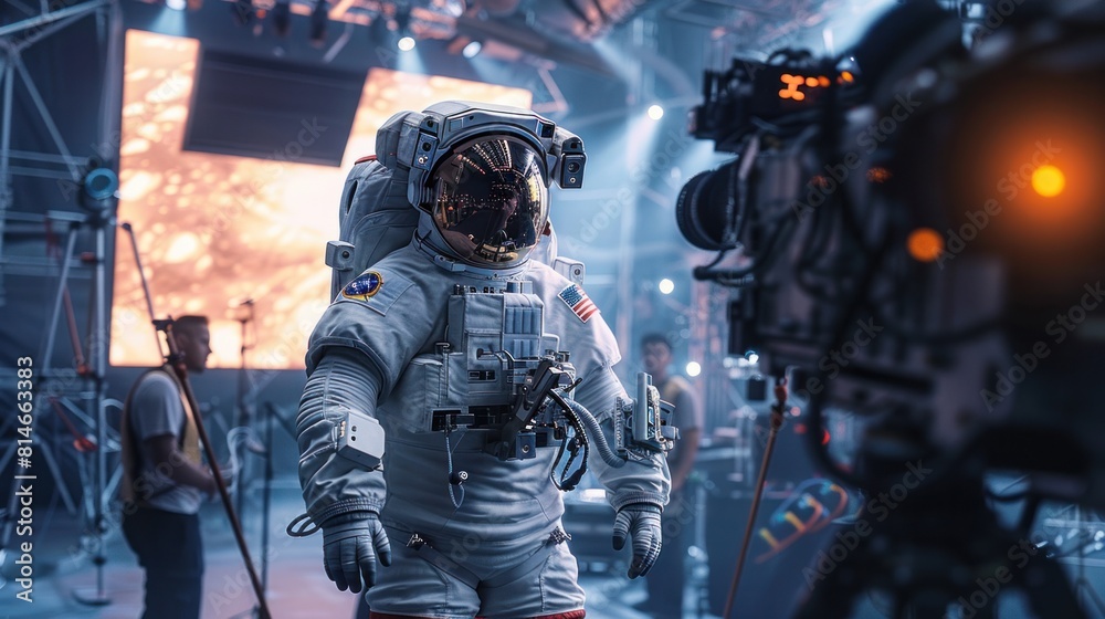 Behind the Scenes of a Virtual Reality Film - Film crew working with stunt women Caucasian female astronaut in a space suit hanging on wires against a large LED screen. Behind the Scenes of a Virtual Reality Film - Film crew working with stunt women Caucasian female astronaut in a space suit hanging on wires against a large LED screen.