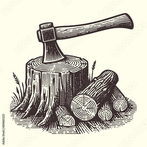 axe in a stump with chopped logs vintage illustration