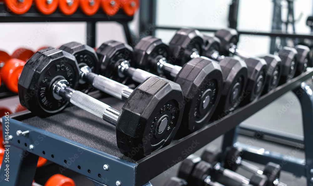 Naklejka premium Well-organized black and silver dumbbells on rack at gym, showcasing variety for fitness training, exercise equipment in modern workout space