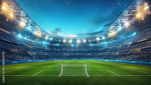 The interior of an open air football stadium at night  with bright lights illuminating the stands filled with fans and the green field below. The sky above is clear blue. Generative AI.