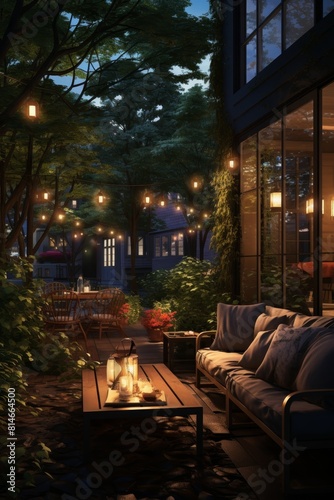 A patio with a table and chairs, lit up with lights and candles