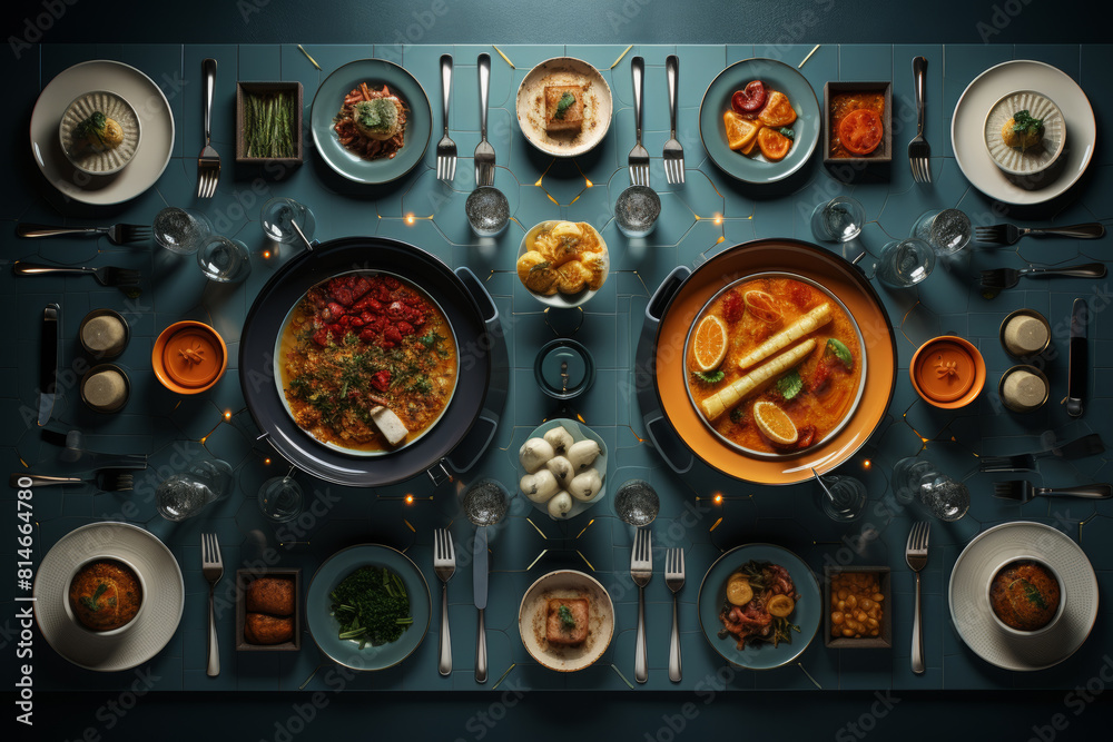 A table with a variety of food and utensils, including forks, knives, and spoons A table with a variety of food and utensils, including forks, knives, and spoons