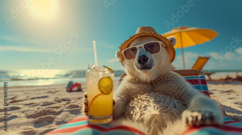 A Polar Bear in human clothes lies on a sunbathe on the beach  on a sun lounger  under a bright sun umbrella