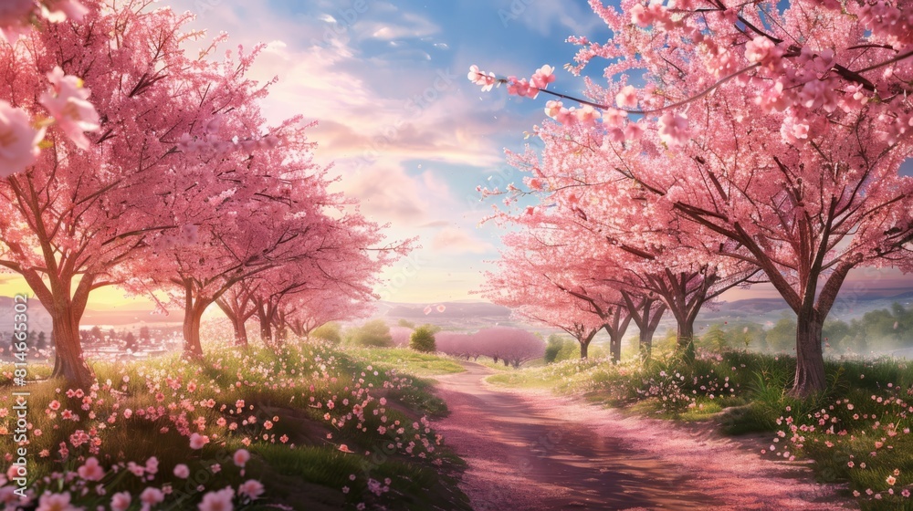 A painting depicting a path lined with pink trees, showcasing a serene and colorful natural setting. The trees are in full bloom, creating a vibrant and picturesque scene.