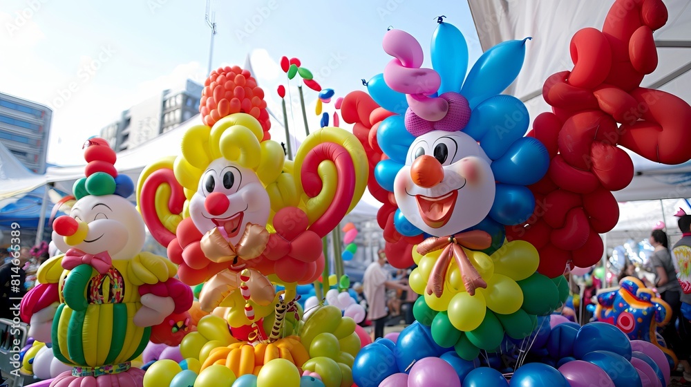 A clown made different balloon creations while performing at a festival. They made school bags, angel wings, butterflies, and dogs using balloons. A clown made different balloon creations while performing at a festival. They made school bags, angel wings, butterflies, and dogs using balloons.