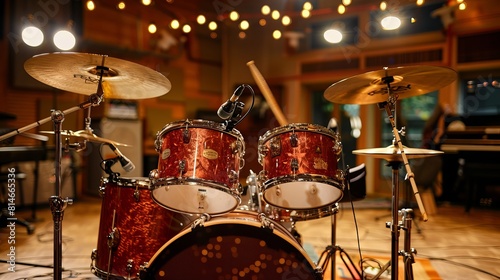 A drum kit, used for jazz music, is set up in a recording studio. Drumsticks rest on the drums, while cymbals hang above them.