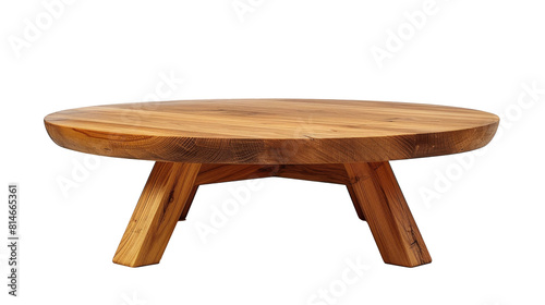 On a white background, a round coffee table with wooden legs can be seen. photo