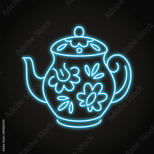 Decorated teapot neon line icon. Porcelain pot in traditional Russian Gzhel style. Vector illustration.