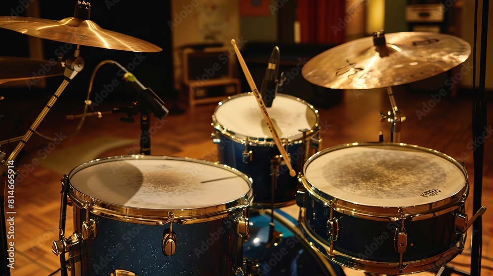 A drum kit, used for jazz music, is set up in a recording studio. Drumsticks rest on the drums, while cymbals hang above them. A drum kit, used for jazz music, is set up in a recording studio. Drumsticks rest on the drums, while cymbals hang above them.