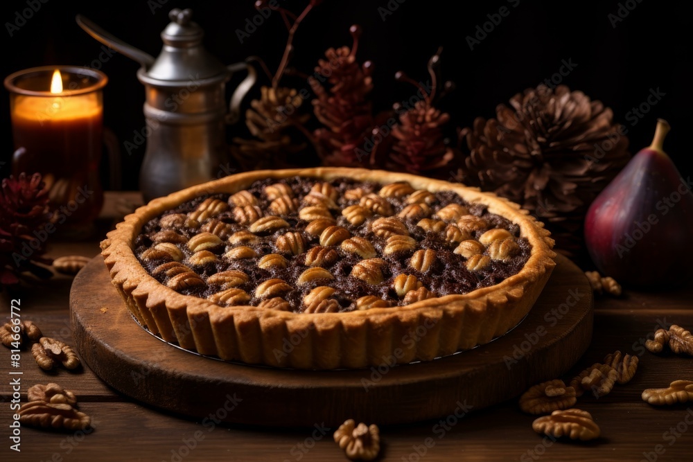 Delicious homemade pecan pie among candles and pine cones, ready for a festive fall feast Delicious homemade pecan pie among candles and pine cones, ready for a festive fall feast