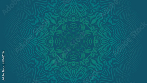 Round mandala on dreamy peach fuzz gradient background. Translucent mesh pattern in the form of a mandala. Mandala with floral patterns. Gradient background with round mandala. 
