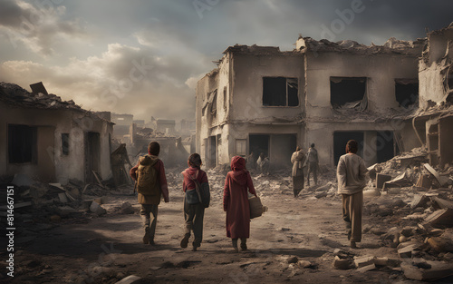 Rear view of refugees in front of destroyed home buildings because war bombings photo