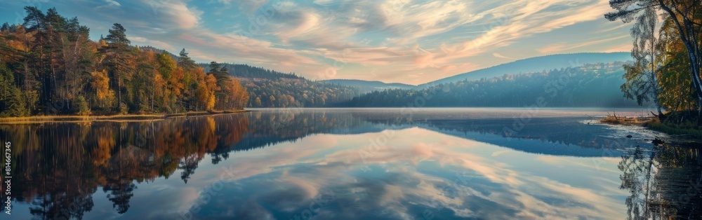 Fototapeta premium A painting showcasing a lake surrounded by lush green trees, their reflections shimmering on the calm water. The serene scene captures the beauty of nature with a focus on the contrast between the blu