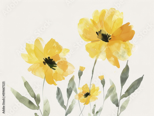 Beautiful and artistic watercolor painting of yellow flowers on white paper background with empty space.