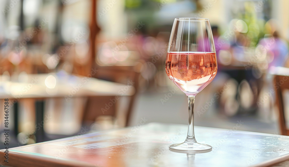 Rosé wine in a tall glass on an outdoor cafe table with blurred background Rosé wine in a tall glass on an outdoor cafe table with blurred background