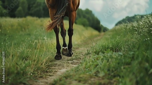close up of a runing horse on bypath in green fields