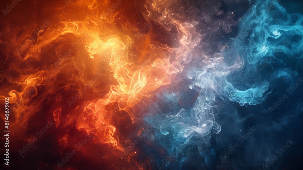 A dramatic interplay of fiery red and icy blue smoke swirls, symbolizing opposing forces and dynamic balance A dramatic interplay of fiery red and icy blue smoke swirls, symbolizing opposing forces and dynamic balance
