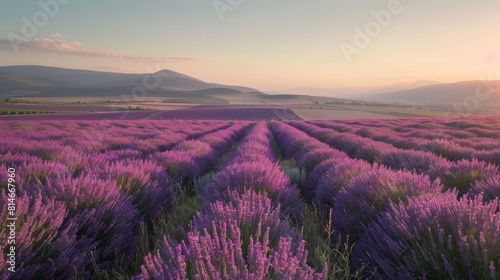 A field of lavender flowers with a beautiful sunset in the background