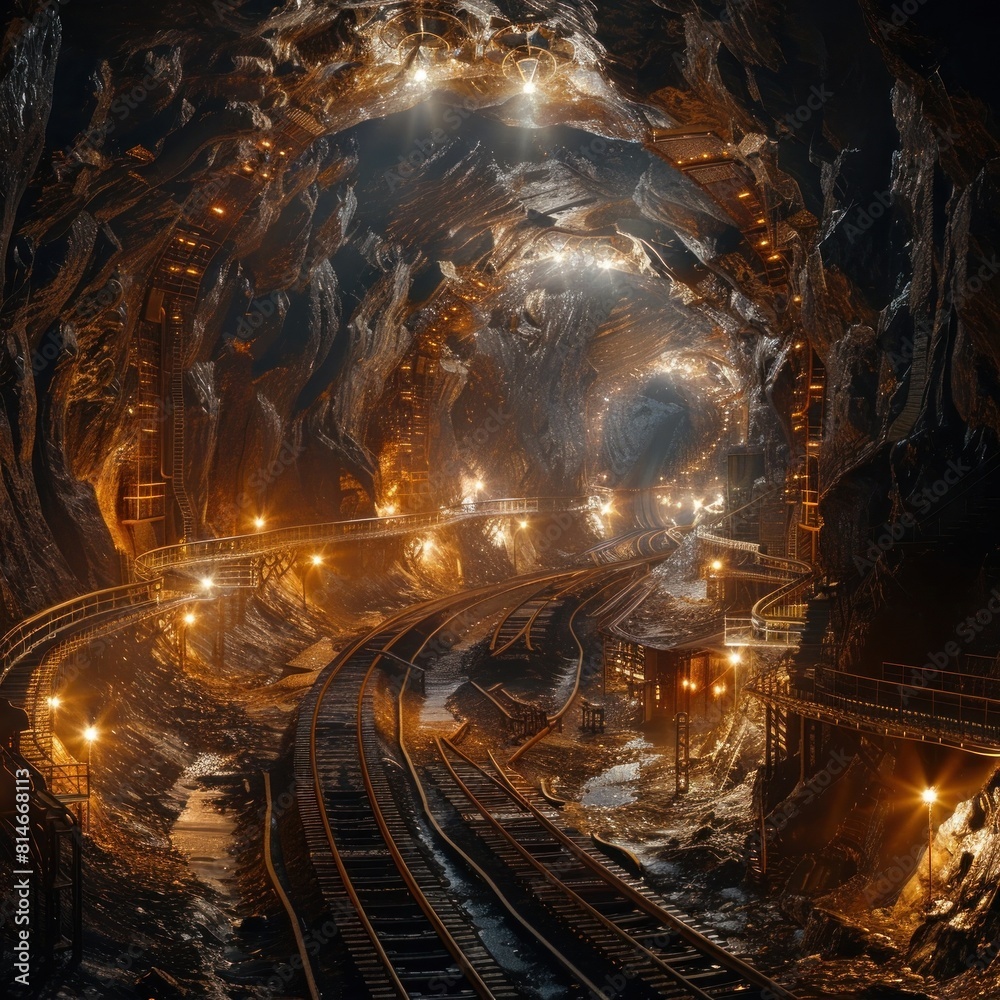 Captivating Subterranean Network of a High Tech Gold Mine with Illuminated Tunnels and Tracks