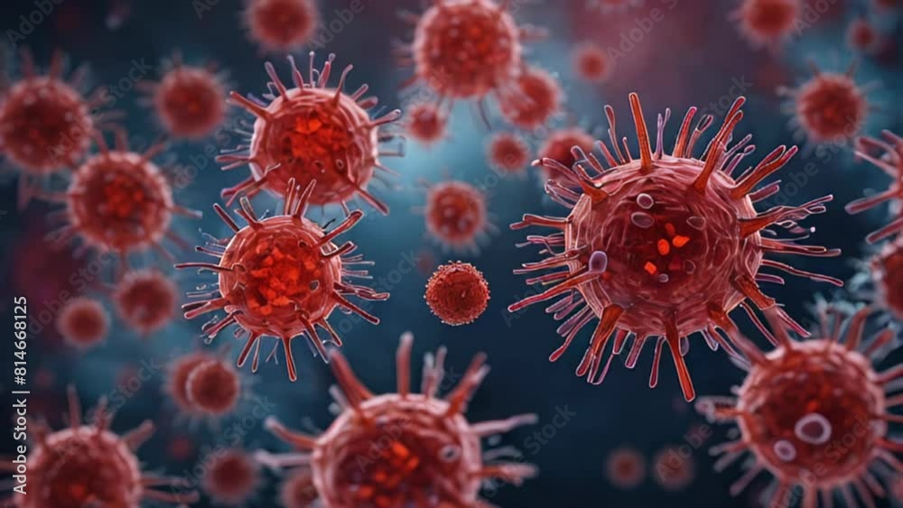Virus Cells, Viruses, Virus Cells under microscope, floating in fluid with red background. Virus Cells, Viruses, Virus Cells under microscope, floating in fluid with red background.