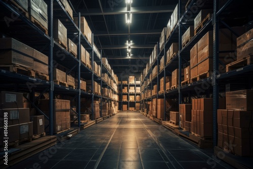Industrial warehouse with illuminated corridors and organized shelves filled with boxes