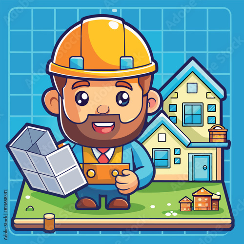 Engineer is holding a briefcase in one hand and the other hand holding map. Vector graphic illustration. Individually on white background.
