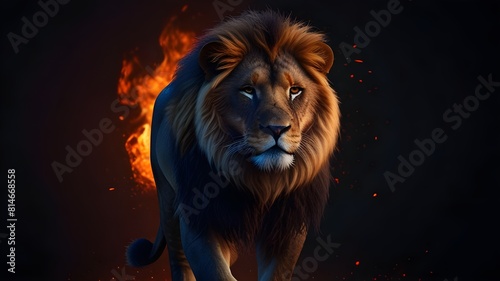 Lion of the fire, digital art style wallpaper, dark background, full body lion with fiery mane and tail  Generative AI  photo