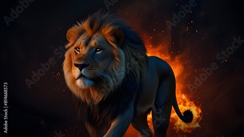 Lion of the fire, digital art style wallpaper, dark background, full body lion with fiery mane and tail Generative AI  photo