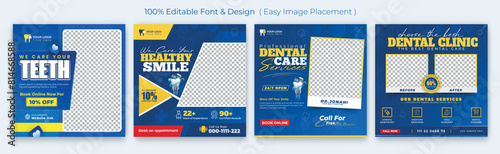 Medical dental healthcare social media post template. Modern banner design with blue color and place for the photo. Suitable for social media, websites, flyers, and banners.
