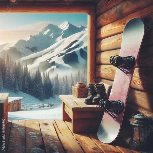 snowboard appoggiato su baita photo