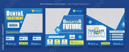 Medical dental healthcare social media post template. Modern banner design with blue color and place for the photo. Suitable for social media, websites, flyers, and banners.