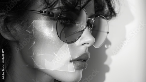 Monochrome fashion look close up, focus on the contrast, copy space, ensure vibrant colors, Double exposure silhouette with geometric shapes