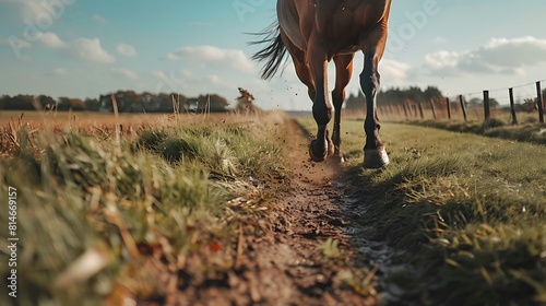 close up of a runing horse on bypath in green fields photo