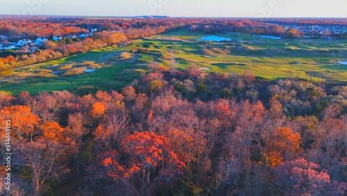 Aerial view of a pristine golf course surrounded by tall trees, lush greenery and a vibrant blue sky photo