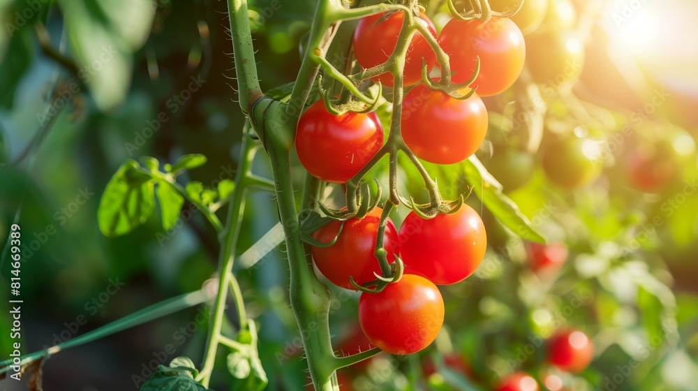 fresh, healthy and ripe red tomatoes hanging on bush plant fresh, healthy and ripe red tomatoes hanging on bush plant