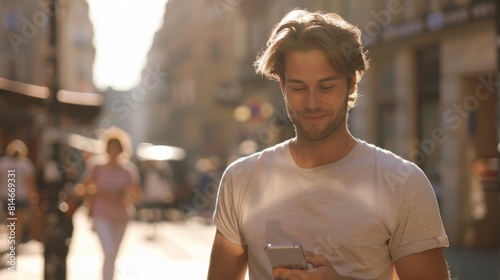 Young Man Using Smartphone Outdoors photo