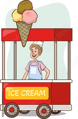 Vector Illustration of Ice Cream Cart and Young Man Selling Ice Cream © serkan