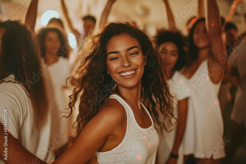 A woman dancing at a party with her arms up. photo