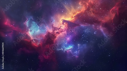 The image is a depiction of a nebula, a vast interstellar cloud of dust, hydrogen, helium and other ionized gases.