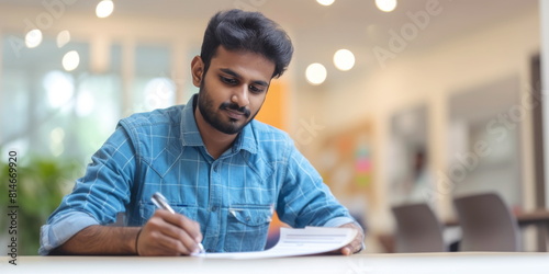 Young Indian male prepares for exams at foreign university. Man embraces opportunity to push intellectual boundaries adapting to new academic environment. photo
