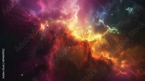 The image is a depiction of a nebula, a vast interstellar cloud of dust, hydrogen, helium and other ionized gases.