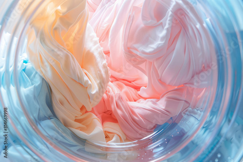 Colorful clothes swirling in a washing machine
