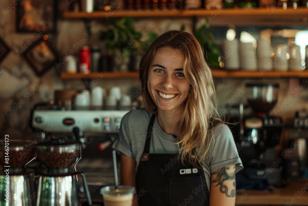 Smiling woman barista wearing uniform. Cafe owner in apron looking at camera and smiling Smiling woman barista wearing uniform. Cafe owner in apron looking at camera and smiling
