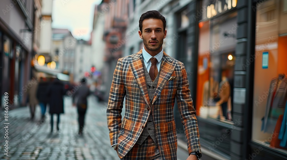 A good-looking man in a checkered suit is walking down the street.