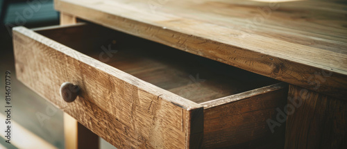 A warm wooden drawer sits slightly open  inviting a peek into its contents.